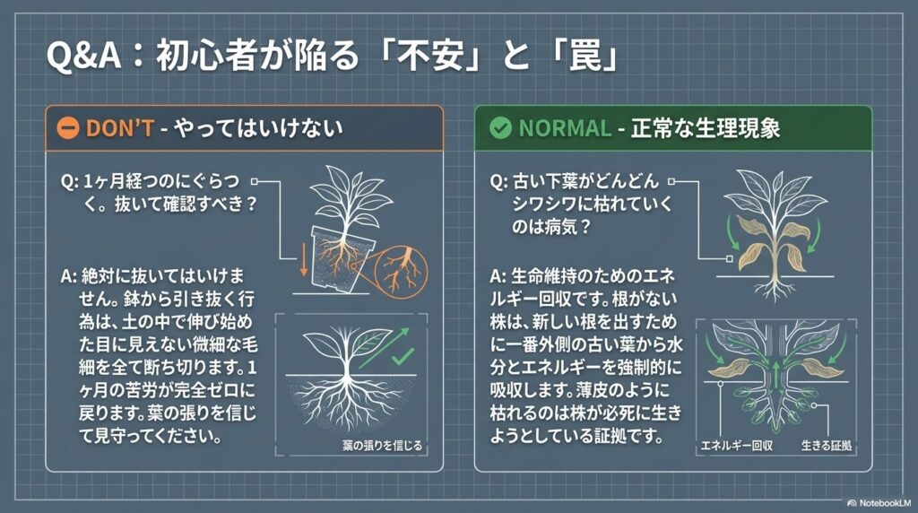 発根確認のために株を抜くNG行為と、古い下葉が枯れてエネルギー回収される正常な生理現象