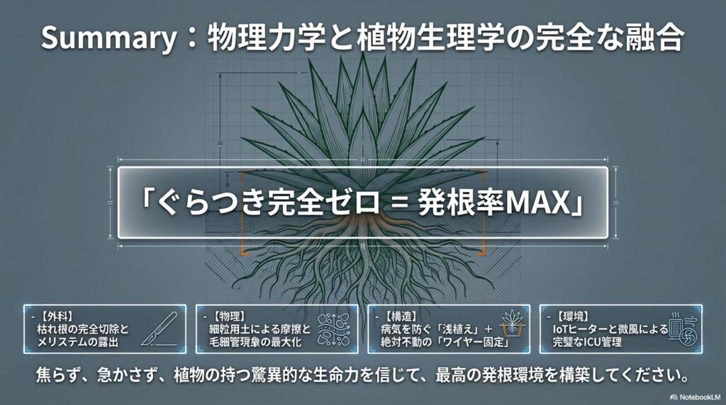 外科、物理、構造、環境の4アプローチによるアガベのぐらつき完全ゼロと発根率最大化のまとめ