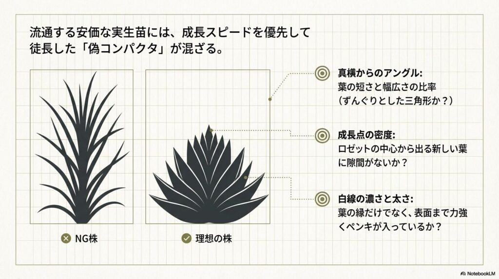 通販でアガベ笹の雪コンパクタの良株を選ぶポイントと徒長したNG株の比較