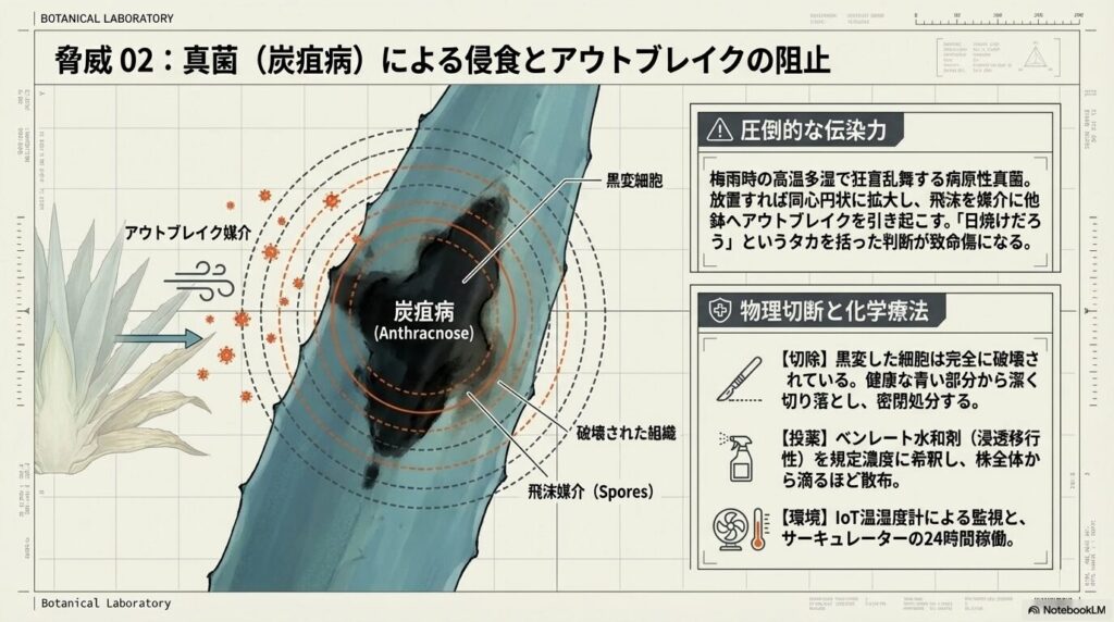 炭疽病によるアガベの葉の黒変と、破壊された細胞からの胞子飛散による感染拡大メカニズム