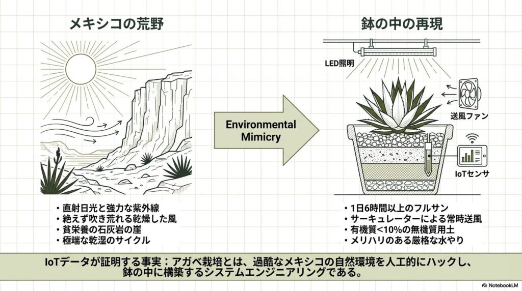 メキシコの過酷な自生地の環境を鉢の中で人工的に再現するシステムエンジニアリングの概念図