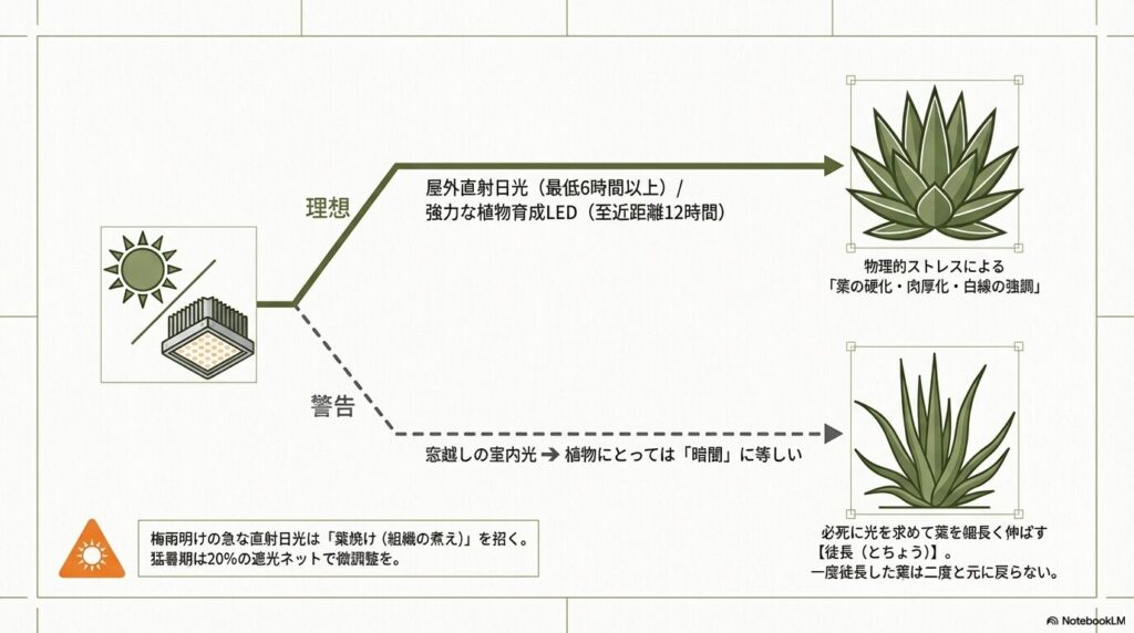 アガベ笹の雪コンパクタに必要な日照条件と室内光による徒長のリスク解説図