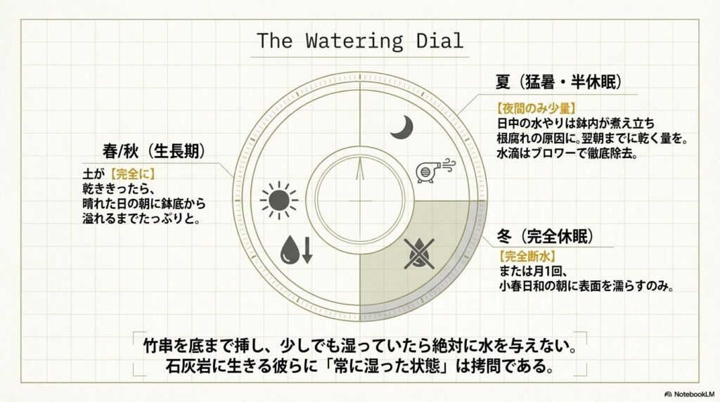 アガベ笹の雪コンパクタの季節ごとの水やりの頻度とタイミングを示すウォータリングダイヤル