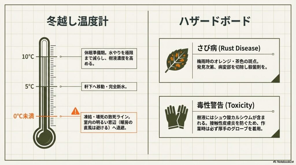 アガベ笹の雪コンパクタの冬越しの温度基準と、さび病や樹液の毒性への警告図