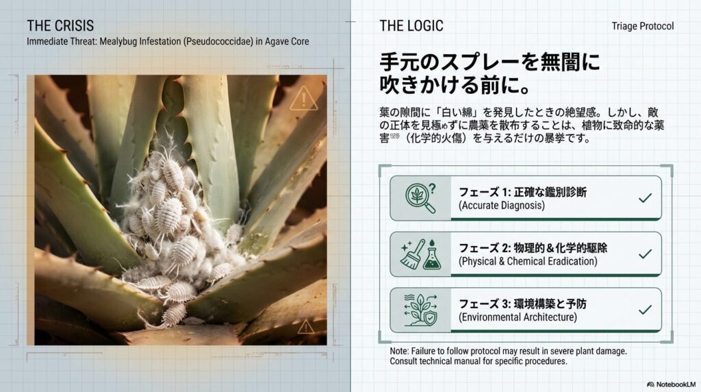 アガベの生長点に大量発生したコナカイガラムシ