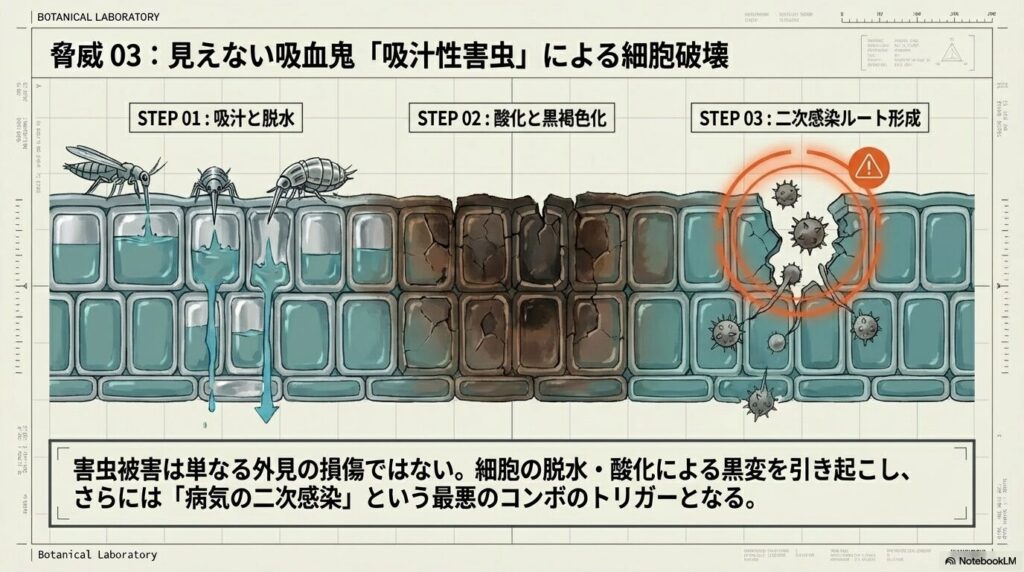 吸汁性害虫によるアガベの細胞脱水、酸化による黒褐色化、そして病気の二次感染ルート形成のプロセス