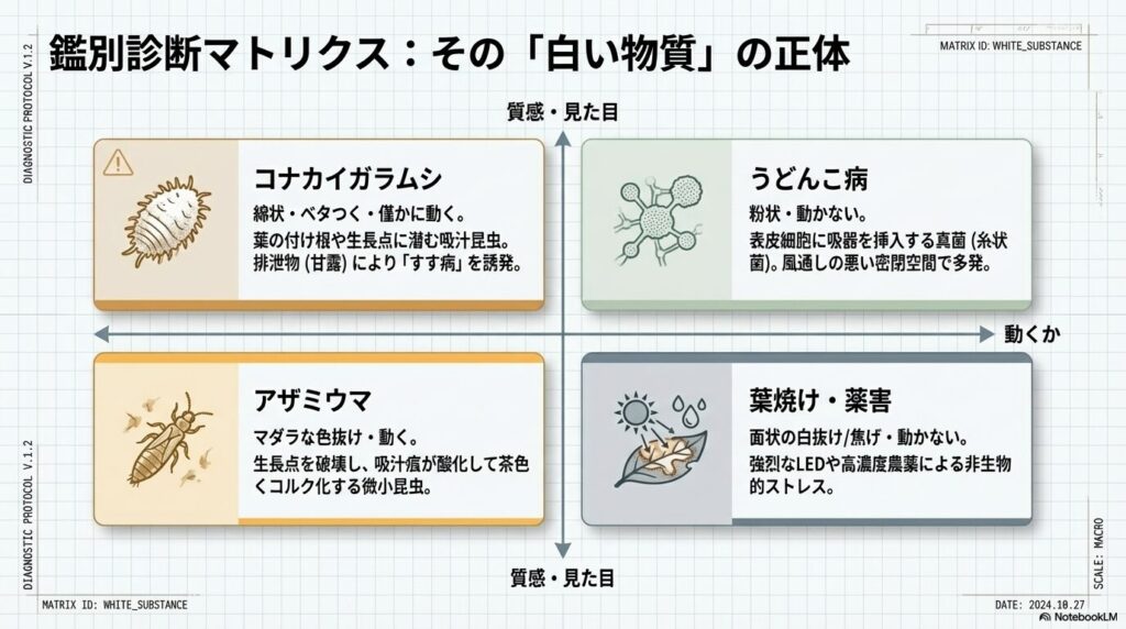 アガベに発生する白い物質の鑑別診断マトリクス