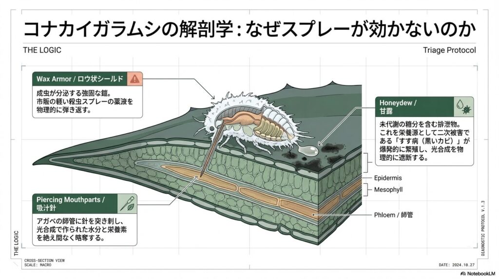 コナカイガラムシの解剖学と吸汁メカニズムの図解