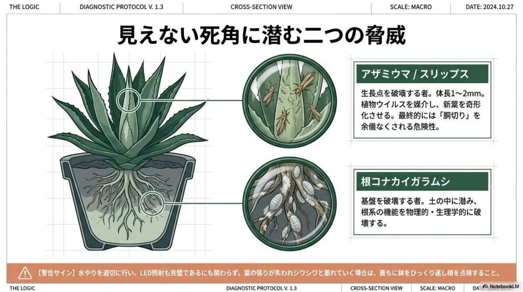 アガベの生長点を狙うアザミウマと地中に潜む根コナカイガラムシ