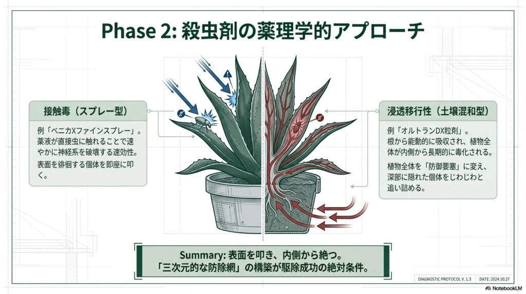 接触毒スプレーと浸透移行性の土壌処理剤による害虫防除の仕組み