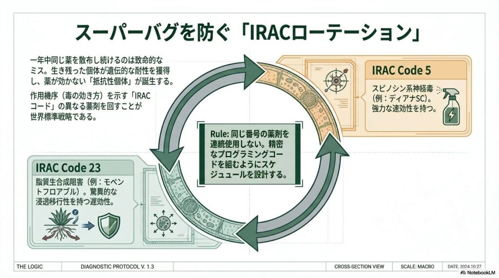 害虫の薬剤耐性を防ぐIRACコードに基づく農薬ローテーション