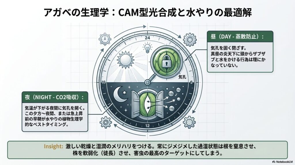 アガベのCAM型光合成の生理学と夜間水やりのメカニズム