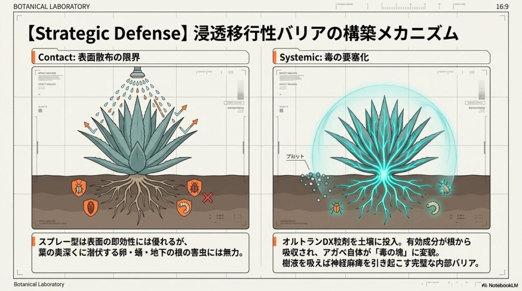 土壌混和型の浸透移行性殺虫剤が根から吸収され、アガベ全体を害虫から守る毒の要塞にする仕組み