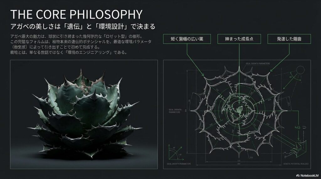 短く幅広い葉と締まった成長点を持つアガベの理想的なロゼット型