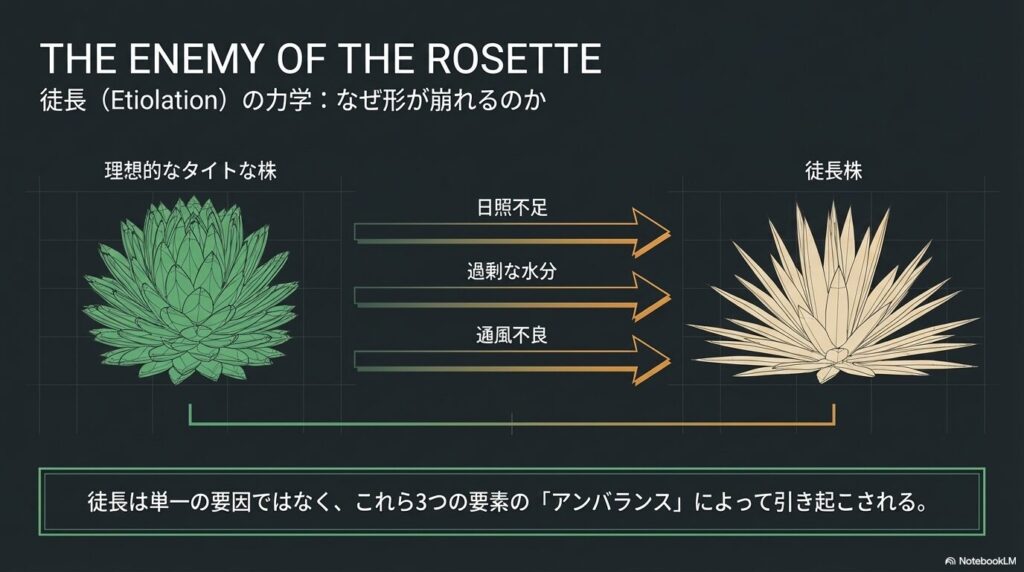 日照不足などアガベの徒長を引き起こす日当たりと水分のメカニズム