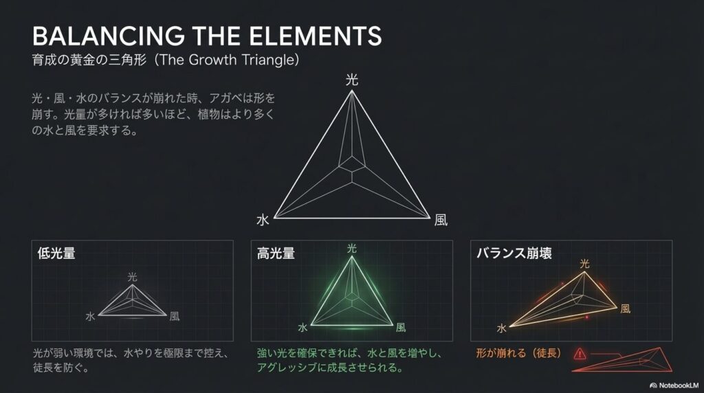 アガベ育成における光、風、水のバランスを示す黄金の三角形