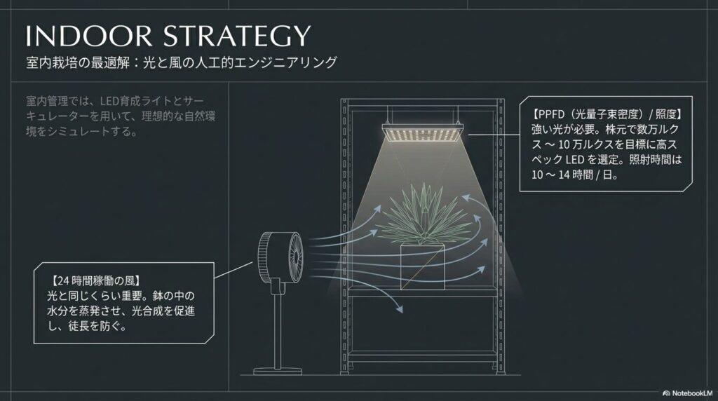 室内管理のアガベで最適な日当たりを再現するLED育成ライトの設定