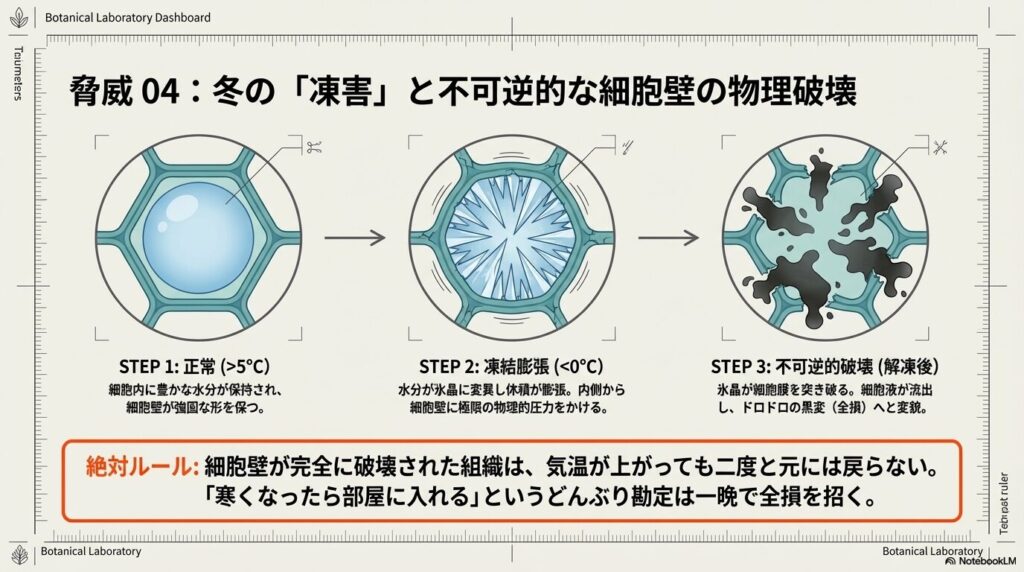 氷点下の環境でアガベの細胞内の水分が凍結膨張し、細胞壁を物理的に破壊して不可逆的な黒変を招く凍害のメカニズム