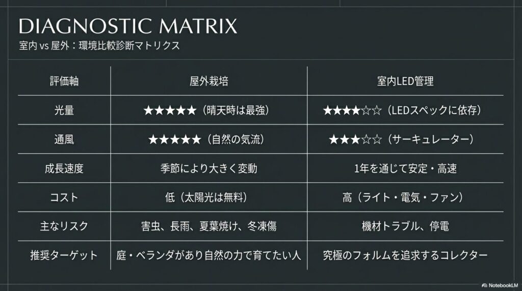 アガベの光量や通風環境における屋外栽培と室内LED管理の比較マトリクス