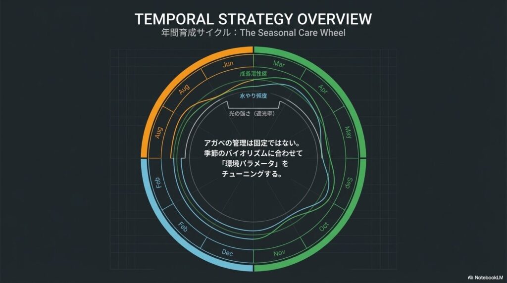 アガベの日当たりと季節ごとの育成サイクルを示すバイオリズム図