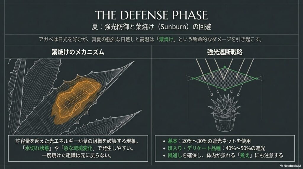 真夏の日当たりによるアガベの葉焼けを防ぐ遮光ネットの活用法
