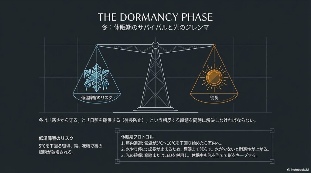 冬のアガベ管理における低温障害リスクと徒長防止のバランス図