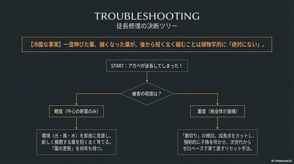 アガベが徒長してしまった際の被害程度に応じた修復決断ツリー