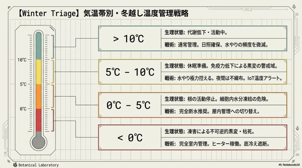 気温帯ごとのアガベの生理状態と、断水や室内取り込みなど冬越しに必要な温度管理戦略の解説グラフ