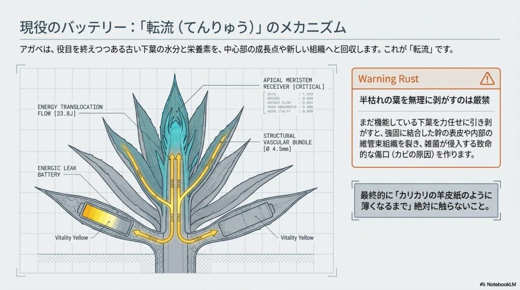 アガベの古い下葉から新しい組織へ栄養を送る転流のメカニズム