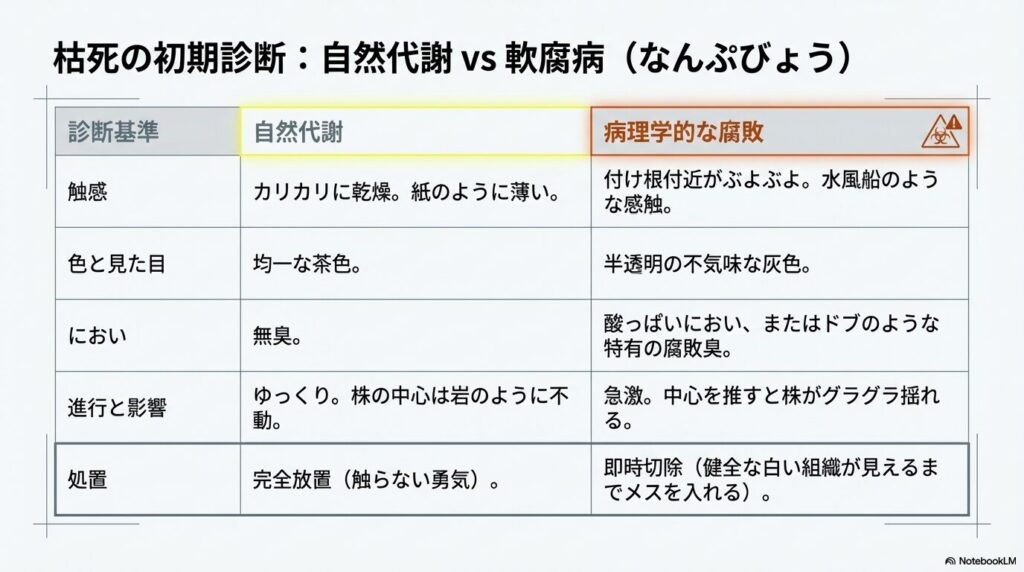 アガベの自然代謝と軟腐病など病理学的腐敗の見分け方