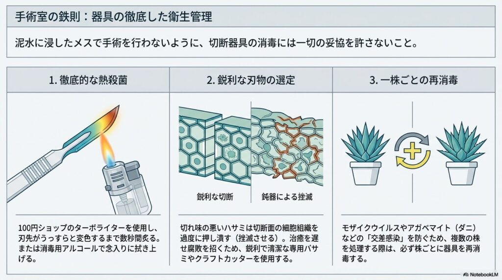 アガベの下葉を切る前にライターやアルコールで行うハサミの熱殺菌