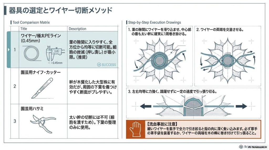 0.45mmのワイヤーをアガベの幹に巻き付けて均等に切断する安全な手順