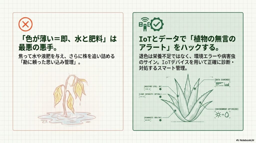 アガベの水分量や光量をIoTデバイスで診断するスマート管理のイメージ図