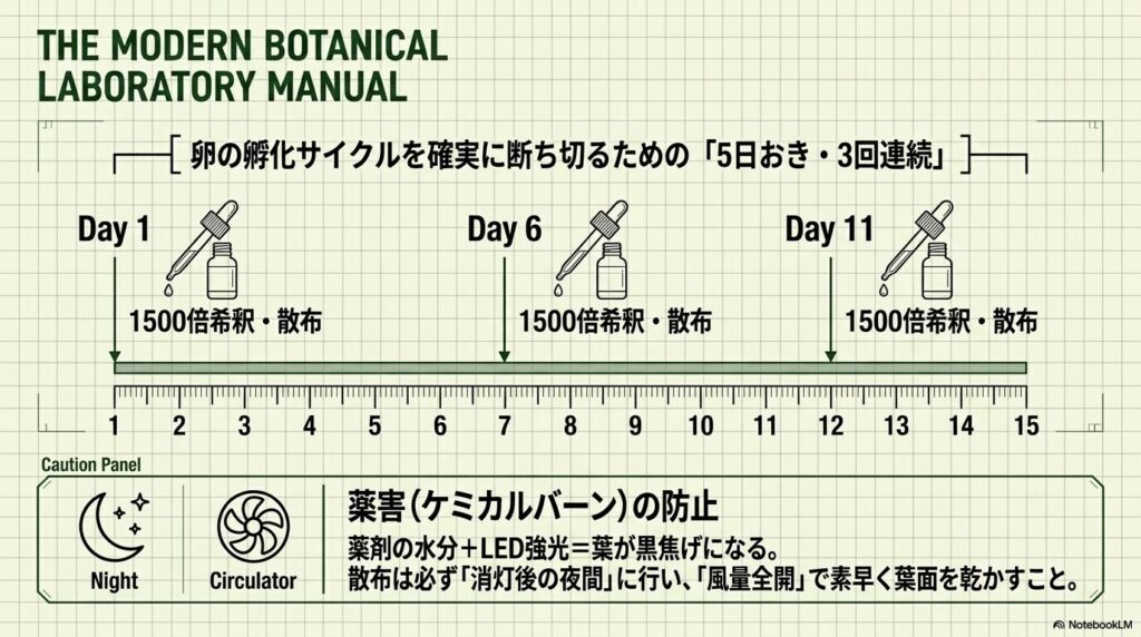 コロマイト乳剤を1500倍希釈で5日おきに3回連続で散布するスケジュール表