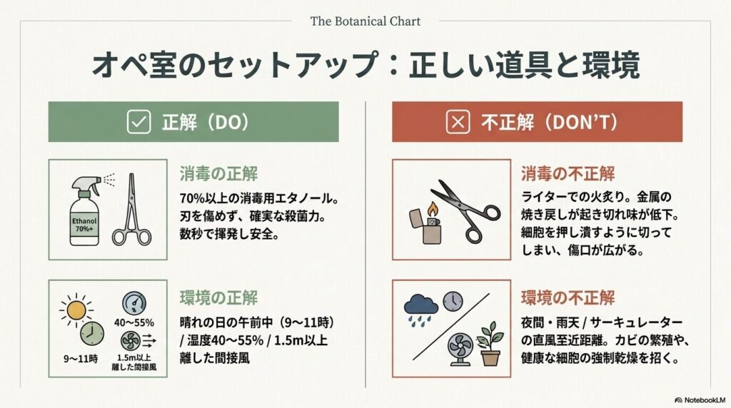 葉を切る際の最適な道具と環境のセットアップ。「正解（DO）」として70%以上のエタノール消毒と晴れの日の午前中の間接風、「不正解（DON'T）」としてライターでの火炙りや夜間・雨天時の直風が挙げられている。