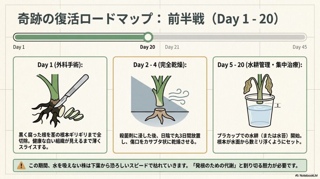 根腐れしたアガベの復活ロードマップの前半（Day1〜20）。腐った根の切除、切り口の乾燥、水耕管理による発根待ちのプロセスがイラスト付きで描かれている。
