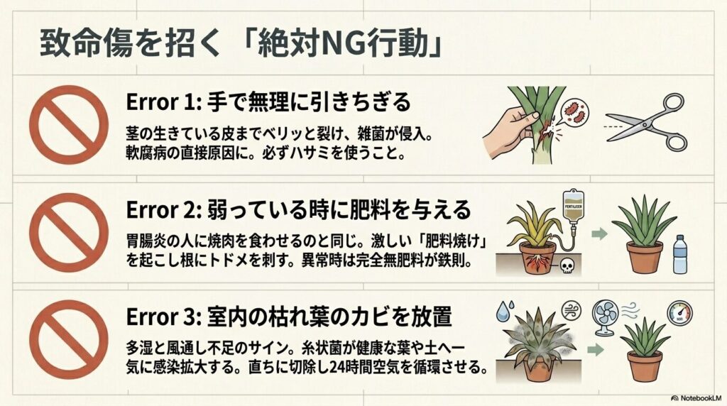 枯れた葉の手入れにおける絶対NG行動。手で無理に引きちぎる、弱っている時に肥料を与える、室内の枯れ葉のカビを放置するという3つのエラーがイラストとともに警告されている。