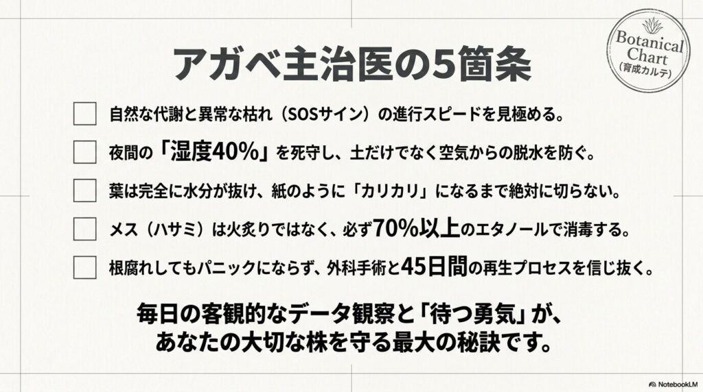アガベ主治医の5箇条。代謝とSOSの進行スピードの見極め、湿度40%の死守、完全にカリカリになるまで葉を切らない、エタノール消毒の徹底、45日間の再生プロセスを信じること、の5つがリストアップされている。