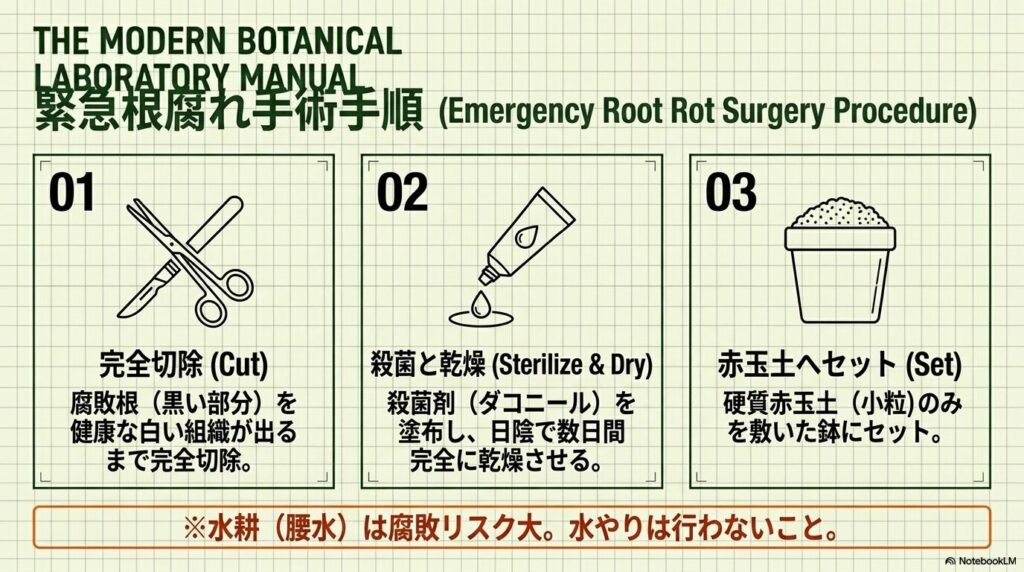 腐敗根の切除、ダコニール殺菌、赤玉土へのセットを示す緊急根腐れ手術手順図