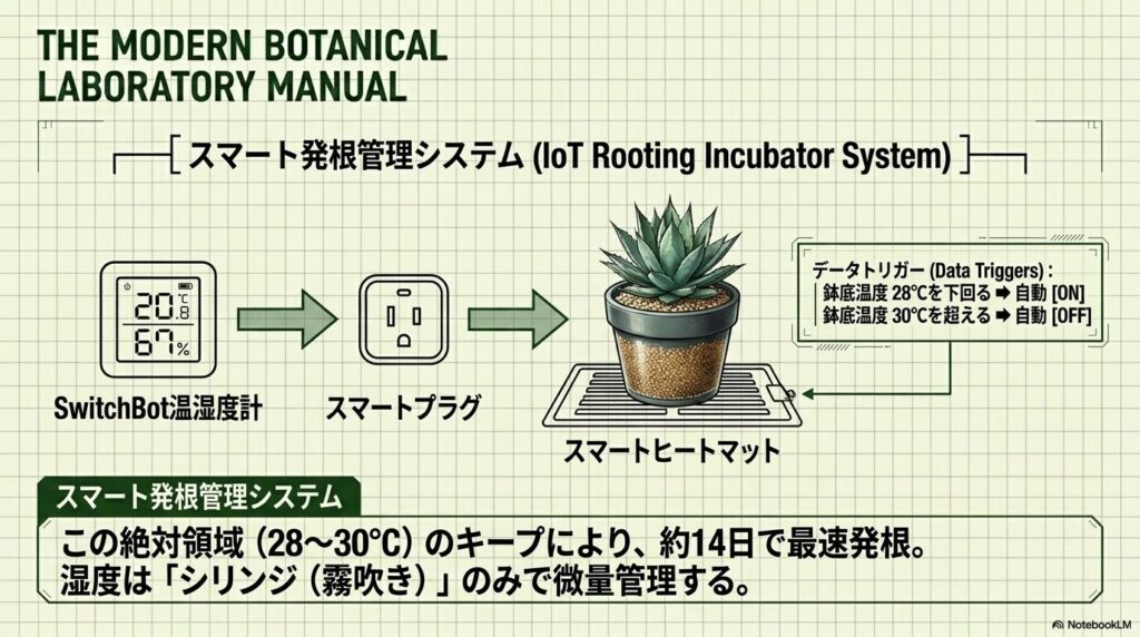 SwitchBot温湿度計とスマートプラグを連携させ、ヒートマットで28度から30度に保つスマート発根管理システム図