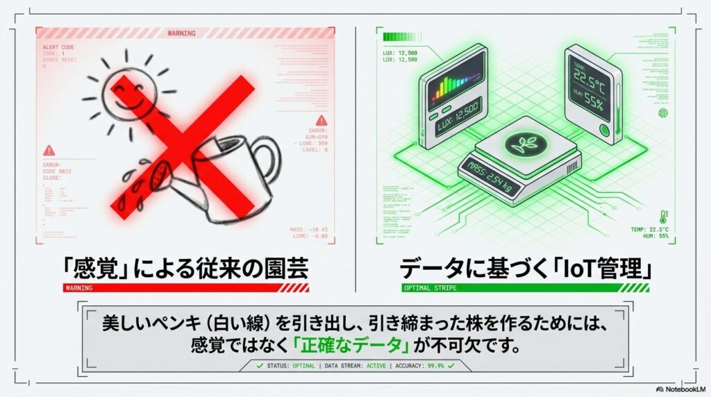 感覚による園芸の危険性を示すアイコンと、データに基づくIoT管理機器(温湿度計・照度計・スケール)の図解