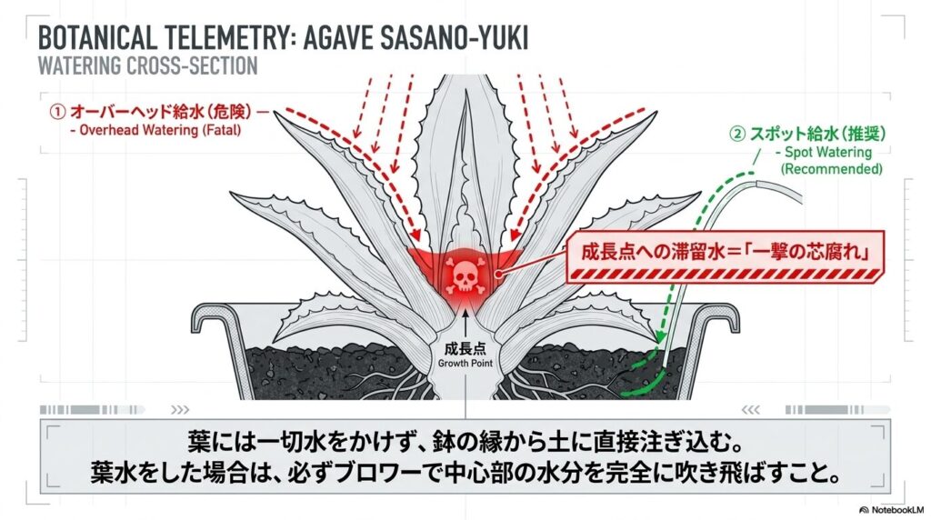 アガベのオーバーヘッド給水による成長点への水溜まりと、スポット給水による安全な水やりの断面図解