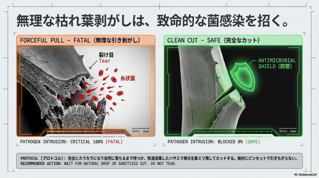 ピンセットによる無理な枯れ葉の引き剥がしと、ハサミによる安全なカットによる病原菌侵入リスクの比較