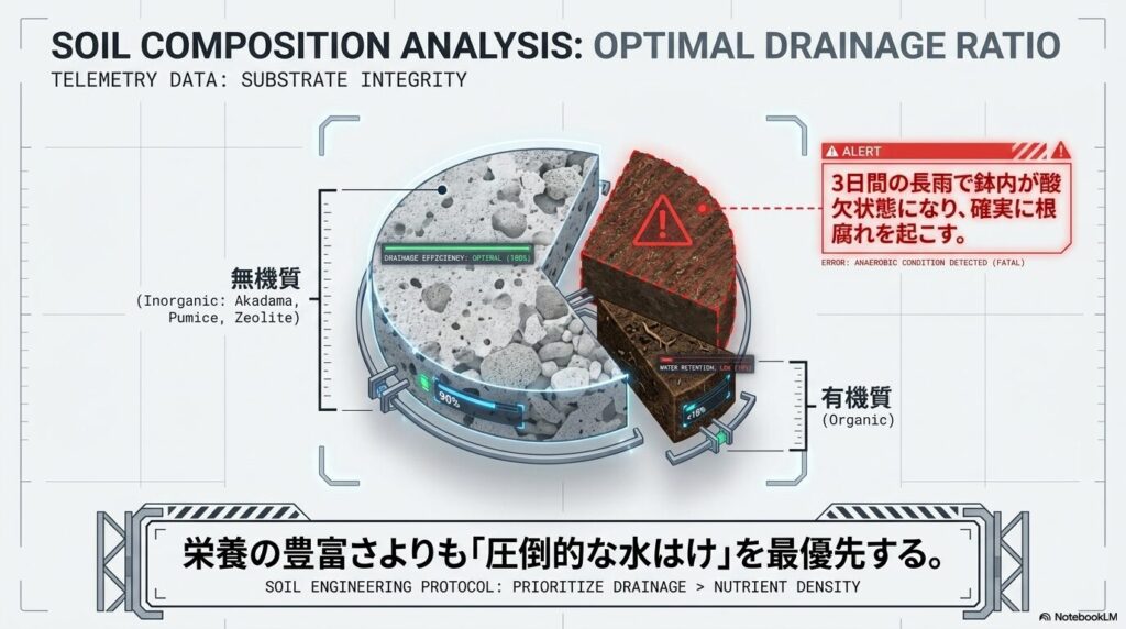 無機質90%と有機質10%の土壌配合における水はけ効率と長雨による根腐れリスクの分析図