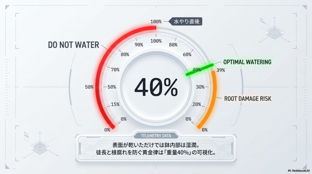 鉢重量40%を水やりの最適タイミングとする重量管理メーターの可視化グラフィック