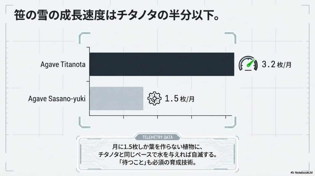 アガベ・チタノタ(月3.2枚)と笹の雪(月1.5枚)の1ヶ月あたりの葉の展開枚数の比較グラフ