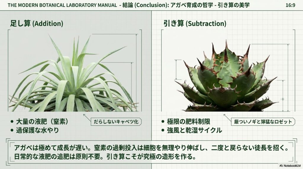大量の液肥でキャベツ化したアガベと、極限の肥料制限で厳ついノギが育ったアガベの比較図