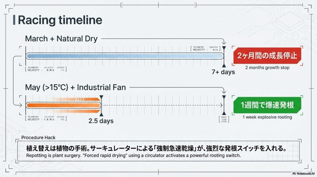 3月の自然乾燥による成長停止と、5月のサーキュレーター強制急速乾燥による爆速発根のタイムライン比較