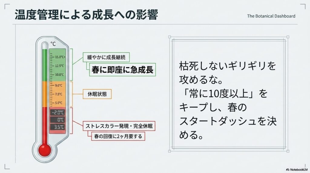 アガベ笹の雪の冬越しにおける温度帯(休眠・急成長・ストレスカラー発現)別の影響を示す温度計グラフィック