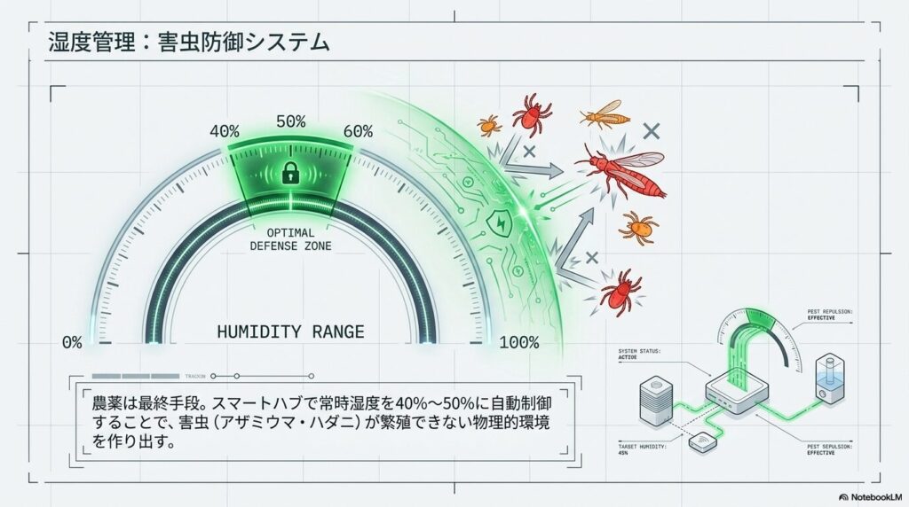 常時湿度40%〜50%を維持して害虫を防ぐスマートハブの防御システム概念図
